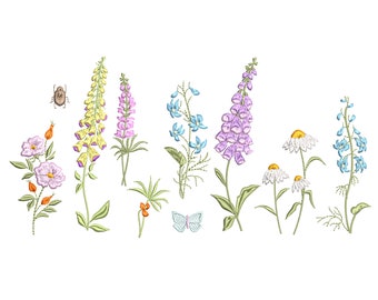 May include: An embroidered design featuring various wildflowers in shades of pink, yellow, blue, and purple, along with a small butterfly and a beetle. The flowers include foxgloves, daisies, and other floral elements, all set against a white background.