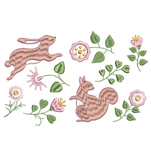 May include: Embroidered design featuring a brown rabbit, squirrel, and pink flowers. The design is perfect for a nursery or children's room.