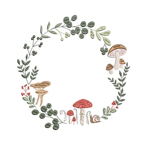 Enchanted Forest Mushrooms Wreath Machine Embroidery Design ORIGINAL, Instant Download Zip - 5 Sizes