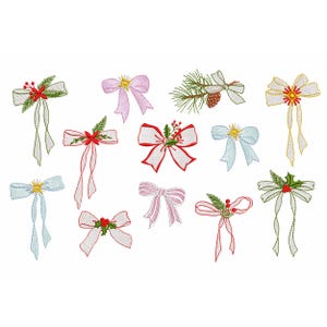 12 Christmas Bows for Machine Embroidery bundle, Holly Pine Cone Bow Design Pattern, Instant Download ZIP - 5 sizes