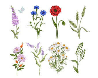 Puede incluir: Un conjunto de ocho diseños florales bordados que presentan una variedad de flores, incluyendo aciano, amapolas, margaritas, lavanda y trigo. Los diseños son perfectos para proyectos de bordado, como punto de cruz, punto de aguja o bordado a mano alzada.