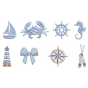 8 Marine Nautical Machine Embroidery Design Elements, Crab Ship Seahorse Pattern Instant Download Zip - 7 Sizes