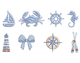8 Marine Nautical Machine Embroidery Design Elements, Crab Ship Seahorse Pattern Instant Download Zip - 7 Sizes