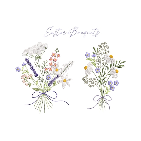 Wild flower Bouquet Machine Embroidery Design Set, 2 Easter Floral Meadow Flower Bouquets Instant Download Zip - 5 Sizes