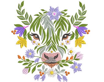 Floral Highland Scottish Cow Machine Embroidery Design, Instant Download Zip Pattern- 10 Sizes