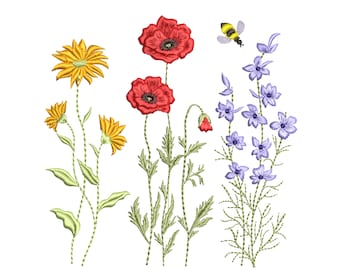May include: An embroidered design of a bouquet of wildflowers, including red poppies, yellow daisies, and purple delphiniums. A bee is flying above the flowers.