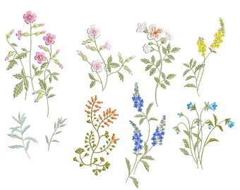 May include: A set of nine embroidered floral designs featuring various flowers in shades of pink, white, blue, orange, and yellow. The designs are perfect for crafting projects, embroidery, and digital art.
