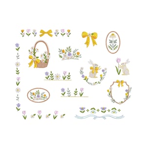 May include: A collection of embroidered Easter-themed designs, including floral arrangements, bunnies, bows, and decorative frames. The designs feature a variety of flowers in yellow, purple, and white, with green leaves and stems. The overall aesthetic is delicate and spring-like.