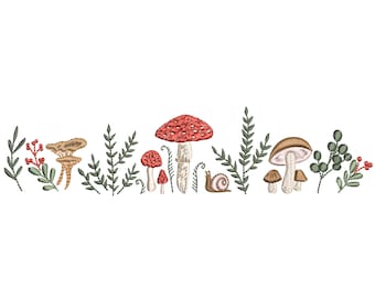 Enchanted Forest Mushrooms Border Machine Embroidery Design ORIGINAL, Instant Download Zip - 6 Sizes