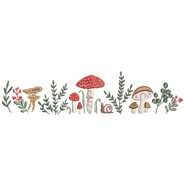 Enchanted Forest Mushrooms Border Machine Embroidery Design ORIGINAL, Instant Download Zip - 6 Sizes