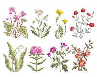 Pacchetto di 8 fiori per ricamo a macchina, zip per il download immediato di fiori selvatici floreali - 5 dimensioni