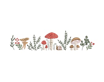 Enchanted Forest Mushrooms Border Machine Embroidery Design, Instant Download Zip - 6 Sizes