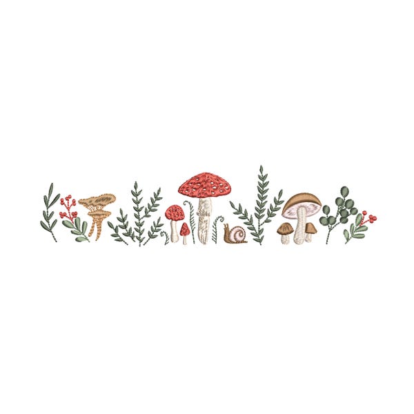 Enchanted Forest Mushrooms Border Machine Embroidery Design, Instant Download Zip - 6 Sizes