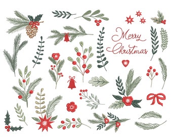 May include: A collection of embroidered Christmas-themed illustrations featuring red and green colours. The illustrations include holly, pine branches, bells, stars, bows, and flowers. The text "Merry Christmas" is also included in the image.