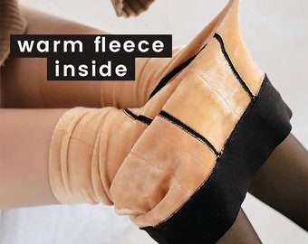 Fleece-Lined Tights, Fleece-Lined Leggings, Warm Tights, Highly Stretchable Hosiery, Winter Clothing, Outdoor Clothing, Women Tights