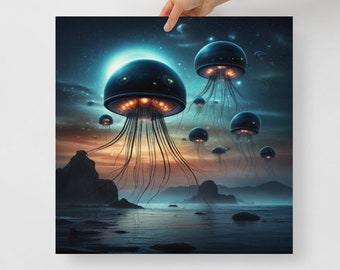 May include: A digital art print of a dark blue, futuristic jellyfish-like creature with glowing lights, floating in a dark blue sky above a calm, blue ocean with rocky islands in the distance.