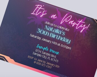Neon Birthday Party Invite, Custom Digital Design