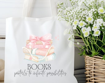 Book Lover Tote Bag: Coquette Bow, Books, Pearls - Soft & Delicate