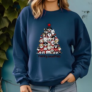 Merry Woofmas Sweatshirt, Dog Lover Christmas Shirt, Funny Holiday Crewneck, Cartoon Dog Tree Shirt, Pet Lover Gift, Festive Dog Christmas