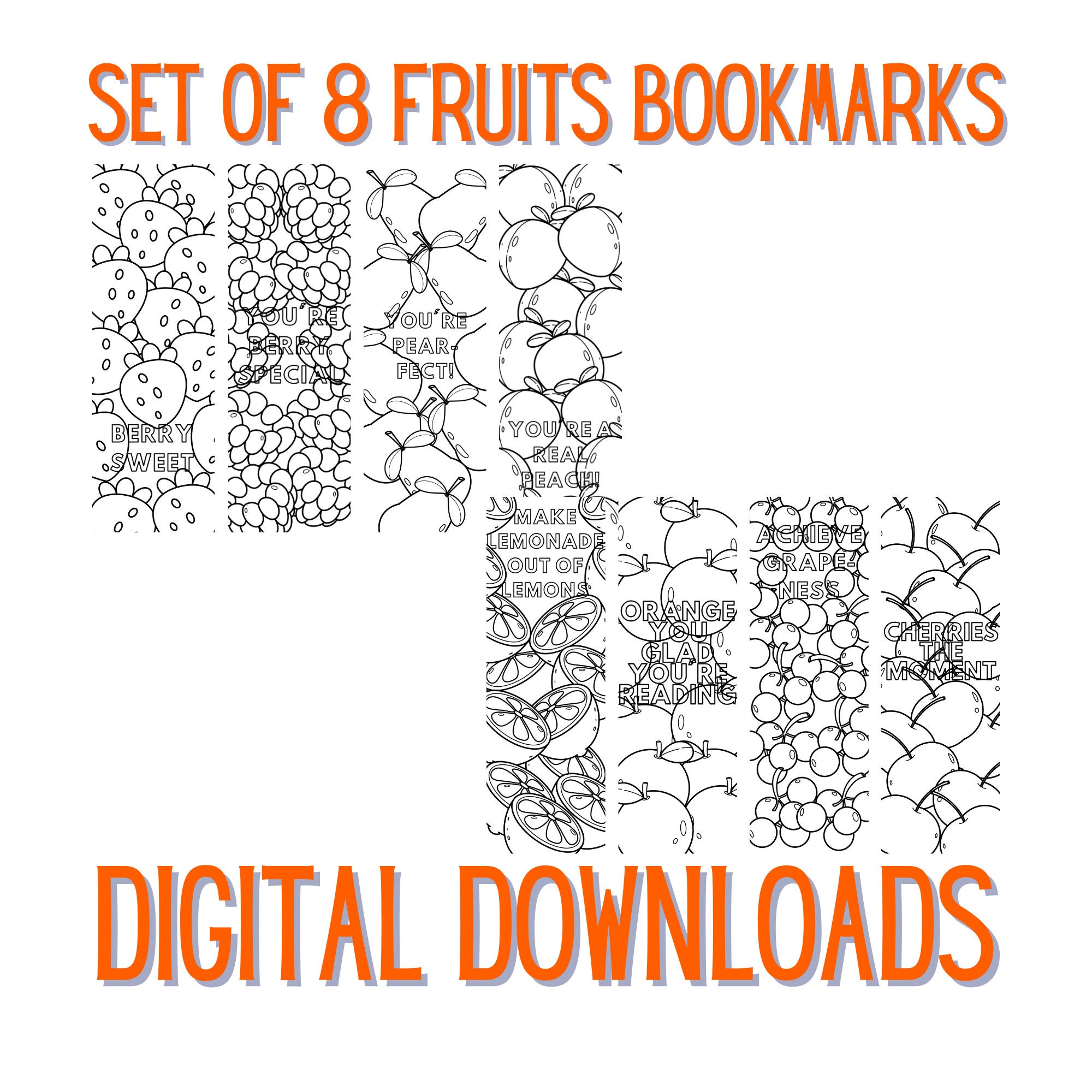 Digital Printable Fruits Bookmark Set of 8 – Coloring Fruit Book Marks ...