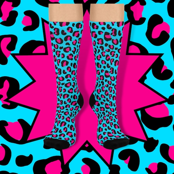 Pink Leopard Spots, Blue Leopard Socks, Animal Print Socks, Bold Socks, Whimsical Socks, Colorful Socks, Cheetah Socks, Panther Socks