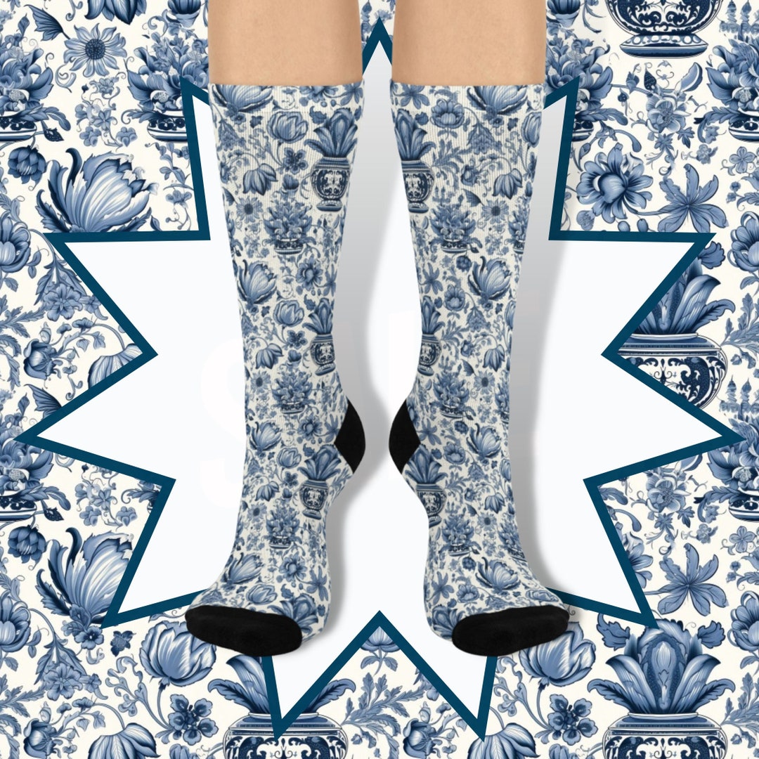Dutch Delftware Pattern Socks, Dutch Ceramic Socks, Blue and White