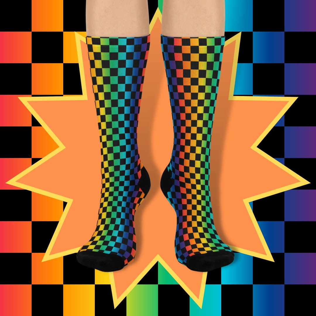 Rainbow Checkered Socks, Colorful Socks, Festival Socks, Retro Socks