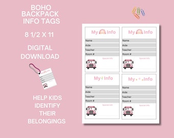 Etiqueta de información de mochila, etiqueta de información de mochila imprimible para niños, identificación de niño para paquetes escolares, etiqueta de mochila rosa boho,