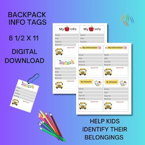 Étiquette d'information pour sac à dos, Étiquette d'information pour sac à dos imprimable pour enfants, Identification de l'enfant pour les sacs à dos