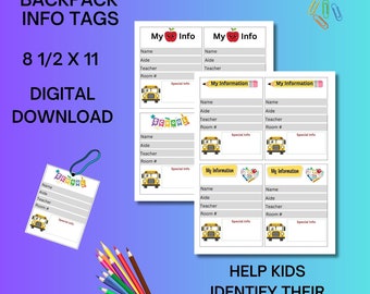 Etiqueta de información para mochilas, etiqueta de información para mochilas para niños, identificación de niños para paquetes escolares