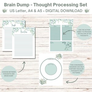 Può includere: Un set di download digitale per l'elaborazione dei pensieri, disponibile nei formati US Letter, A4 e A5. Il set include pagine per il brainstorming, le note e la pianificazione delle azioni, oltre a un diagramma per visualizzare pensieri e schemi. Il design incorpora illustrazioni di eucalipto.