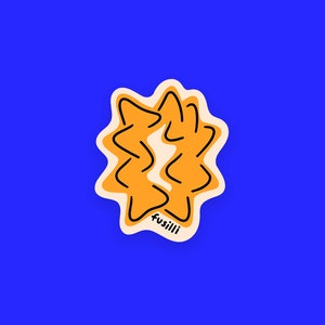 May include: A sticker with a stylized illustration of fusilli pasta in orange and black on a white background. The sticker has a white border and the word "fusilli" is written in black at the bottom.