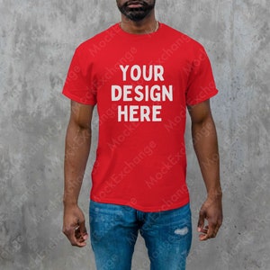 Gildan 64000 Mockup Red, G640 Mockup, Gildan Red Shirt Mockup, African American Male Model Mock