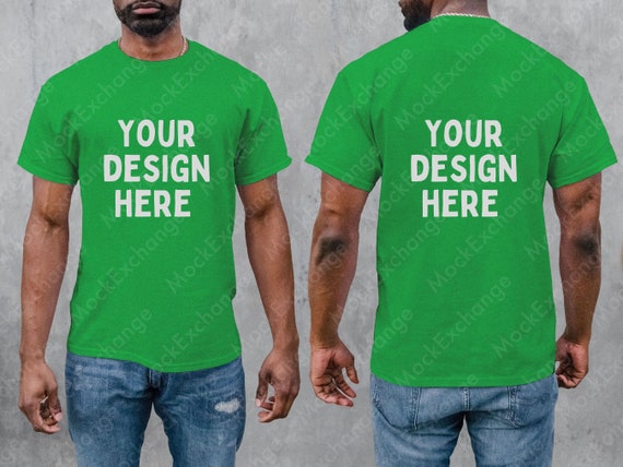 Front and Back Gildan 64000 T shirt Mockup Irish Green G640 Mockup Gildan Irish Green Shirt Mockup African American Male Model Mock