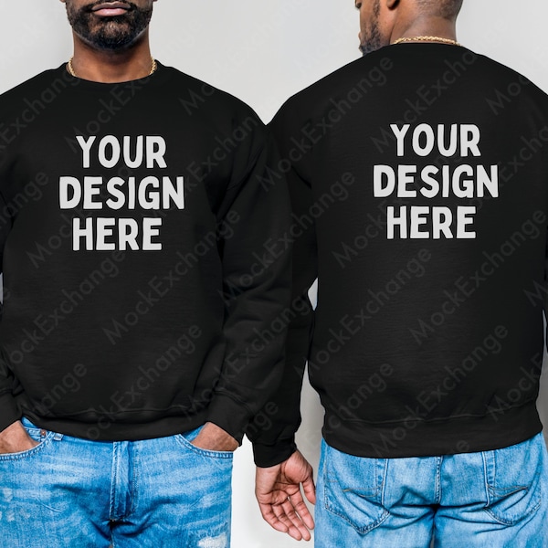 Front and Back Gildan 18000 Black Mockup, Black Sweatshirt Mockup, Black Crewneck Mockup, Black Men's Mockup