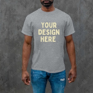 Gildan 64000 Mockup Sport Grey, G640 Mockup, Gildan Ring Spun Sport Grey Shirt Mockup, African American Male Model Mock
