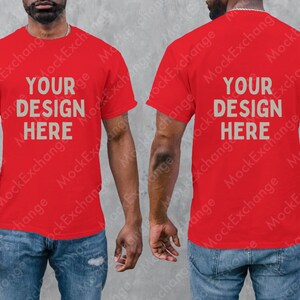 Front and Back Gildan 64000 T-shirt Mockup Red, G640 Mockup, Gildan Red Shirt Mockup, African American Male Model Mock