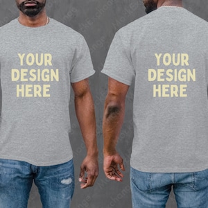 Front and Back Gildan 64000 T-shirt Mockup Sport Grey, G640 Mockup, Gildan Sport Grey Shirt Mockup, African American Male Model Mock
