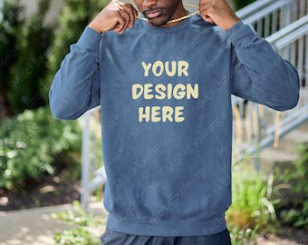 Comfort Colors 1566 Sweatshirt Mockup, Black Male Model Mock, CC1566 Blue Jean Mockup, Crewneck mockup, Comfort Colors Sweatshirt Mockup