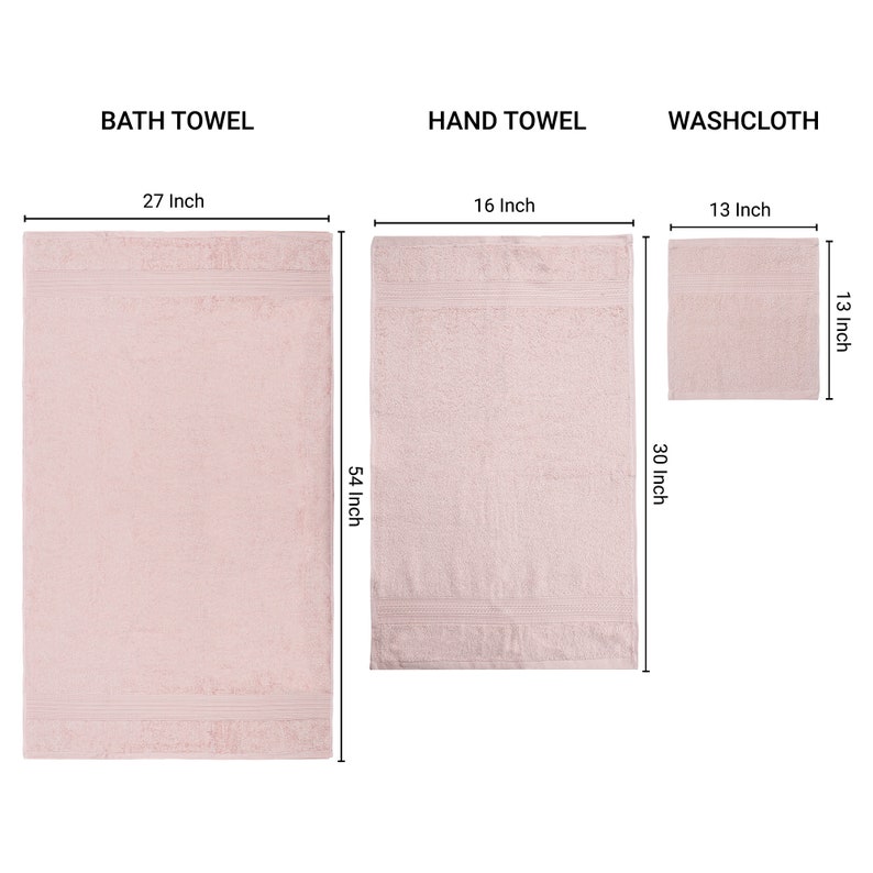 May include: Three pink towels of different sizes: a bath towel measuring 27 inches by 54 inches, a hand towel measuring 16 inches by 30 inches, and a washcloth measuring 13 inches by 13 inches.