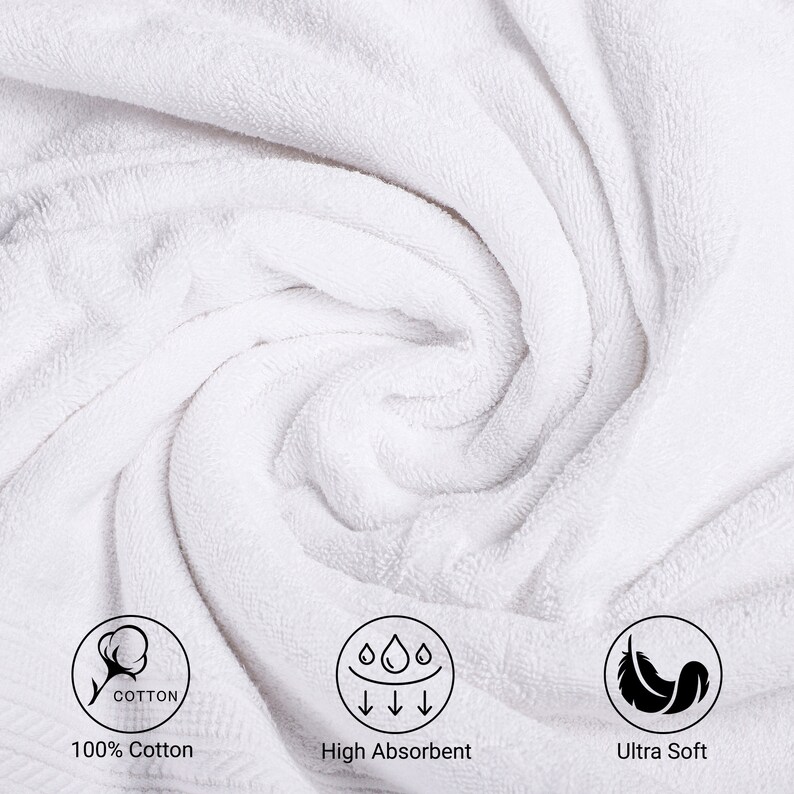 May include: Close-up of a white, fluffy towel with a cotton icon, text that says "100% Cotton", a water drop icon, text that says "High Absorbent", and a feather icon with text that says "Ultra Soft".