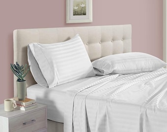 300TC Cotton Fitted Bed Sheet: Elegant Stripe Design, Deep Pockets, White