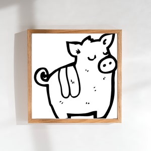 Linda decoración de cerdo de dibujos animados en blanco y negro, imagen imprimible, arte mural