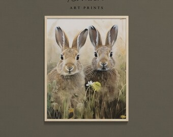 Bunnies in a Field Art | Spring Rabbit Decor | Vintage Easter Print Printable | Farmhouse Decor | Vintage Painting | Easter | Nursery Decor