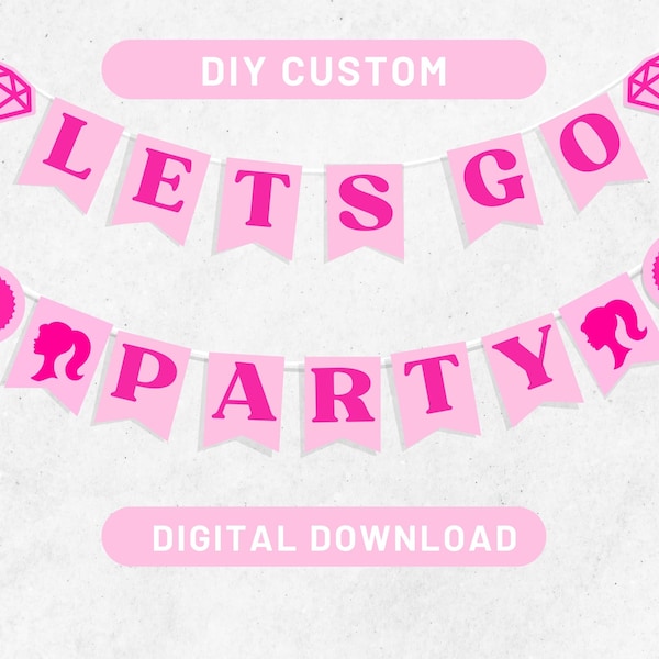 Кукла с розовым баннером, каблуками и бриллиантами для печати, знак «Let's Go Party», флаг, день рождения или девичник