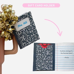 Modelo de porta-cartão-presente para professor editável, estilo caderno de composição, cartão para impressão, presente de agradecimento para professor, modelo personalizável do Canva