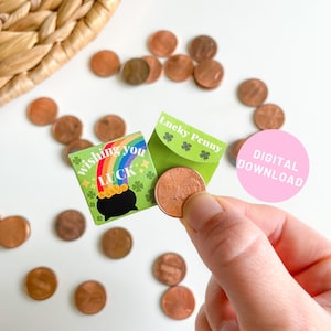 Sobre de regalo Lucky Penny, soporte para monedas de la suerte del Día de San Patricio para favores de fiesta de clase o regalo para amigos, compañeros de trabajo, tarjeta de inserción Penny