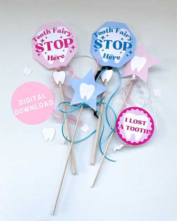 Tooth Fairy Lost Tooth Printable Sign Banner Pennant Flags for Kids Photo Prop Stop Here Tooth Fairy Wand Bonus Teeth Confetti