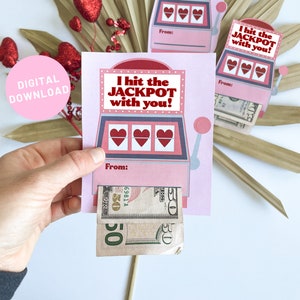 Geld-Geschenk-Jackpot druckbare Spielautomat-Cash-Inhaber für ihn oder sie Valentins- und Jahrestagsgeschenkkarte einfügen Lotterieschein