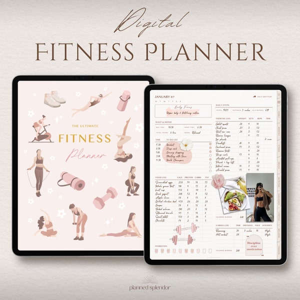 Digitale fitnessplanner | Oplichtende planner | Ongedateerde trainingsplanner voor gezondheid en gewichtsverlies | iPad, Android, GoodNotes, Notability